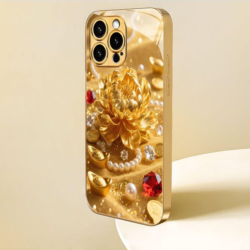 Luxurious Gold Floral Pattern Electroplated Glass Phone Case, Suitable for iPhone 17, 16, 15, 14, 13, 12, 11, Etc.