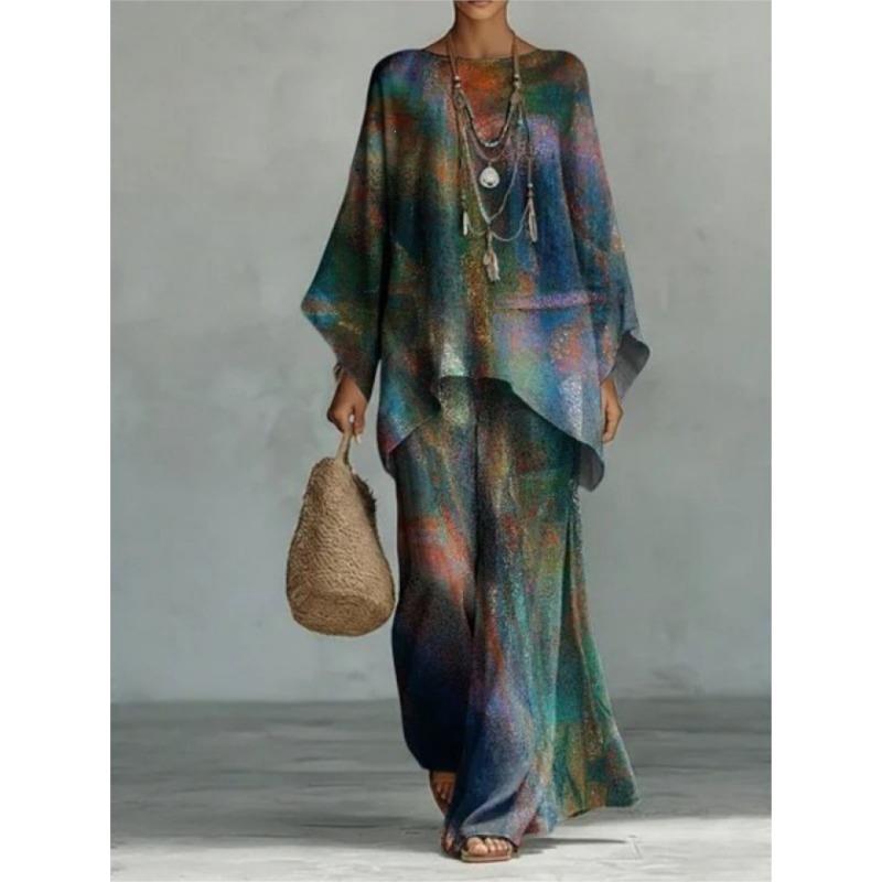 Women’s Vibrant Watercolor Print Batwing Sleeve Top & Wide Leg Pants