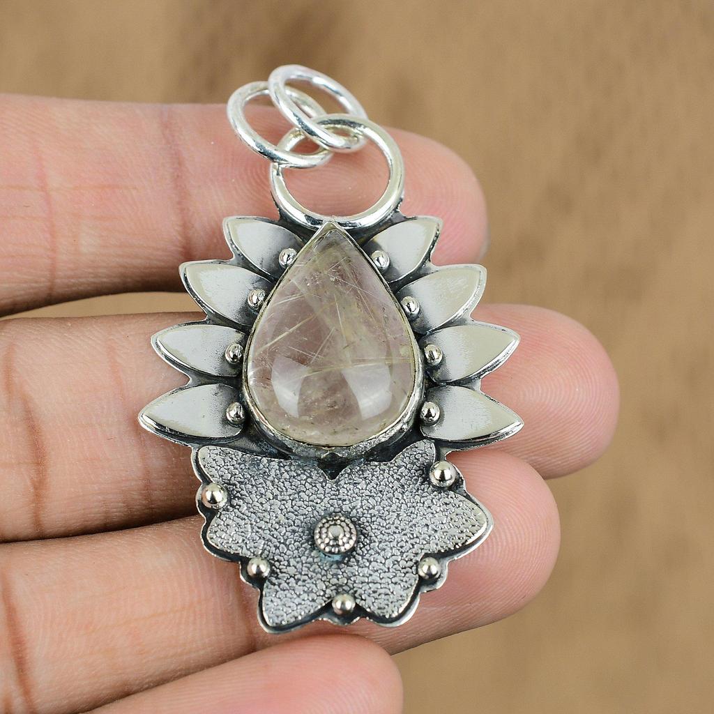 Gift For Women Pendant 925 Sterling Silver Natural Golden Rutile Gemstone