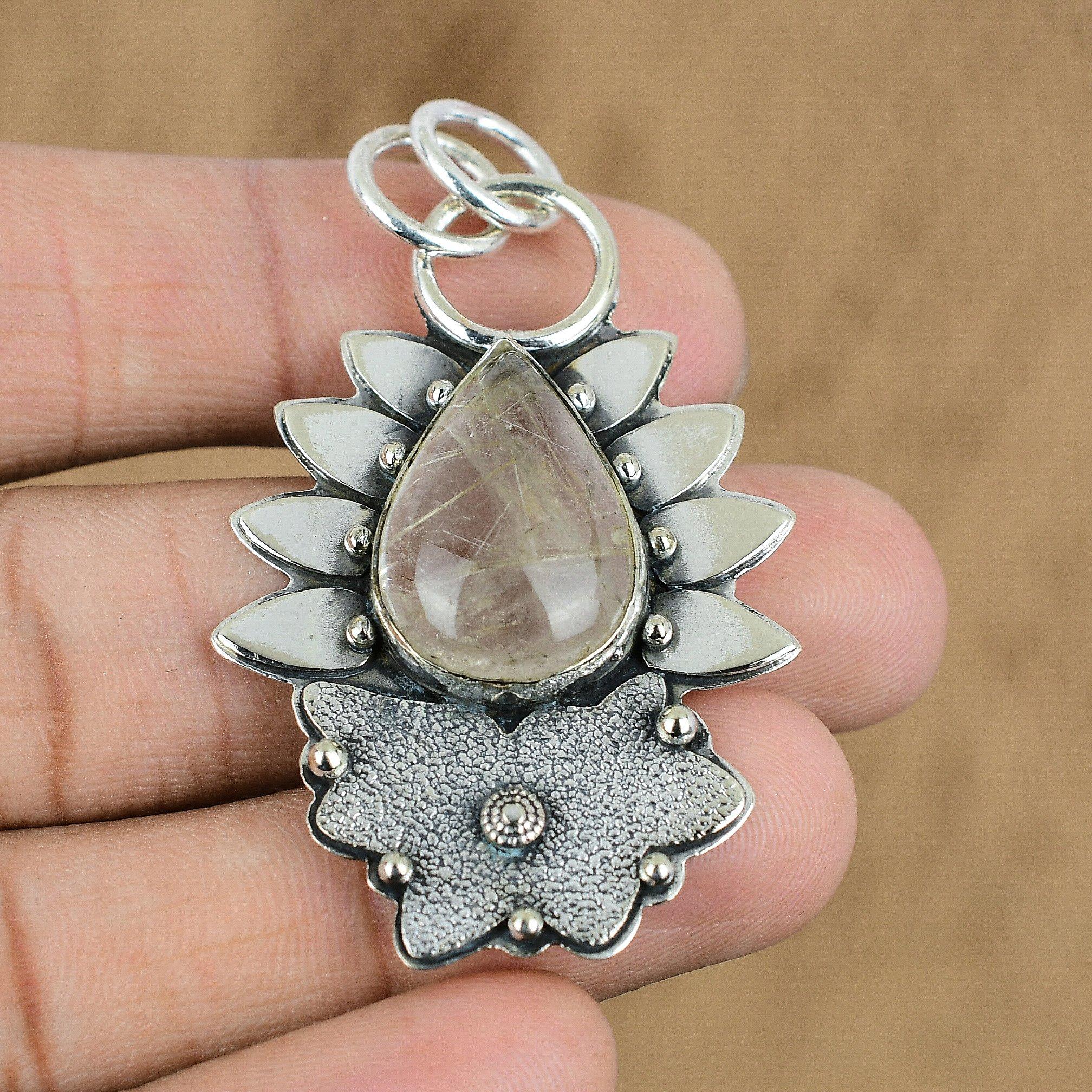

Gift For Women Pendant 925 Sterling Silver Natural Golden Rutile Gemstone