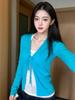 Korean version v-neck front shoulder slim-fitting pinched waist top lace-up knitted cardigan summer sun protection long-sleeved air-conditioning shirt