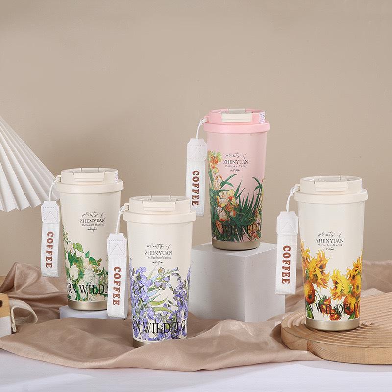 Lily of the Valley 316 Stainless Steel Insulated Coffee Cup with Double-Layer Straw