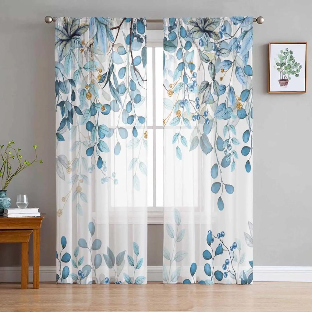 Abstrakte salbeigrüne Blätter Zweige Tüllvorhänge für Wohnzimmer, transparenter Vorhang für Schlafzimmer, Küche, Jalousien, Voile-Vorhänge