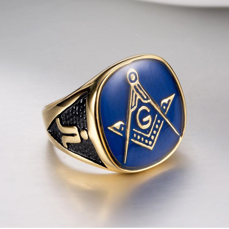 Masonic Gold Men s Ring, Titanium Steel Church Men s Ring, Brotherhood Ring 8#