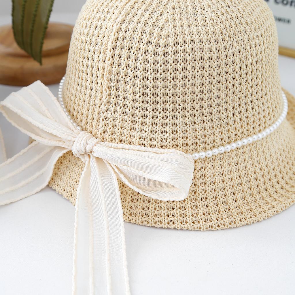 Hat Lace Ribbon Bow Knitted Hat Women's Summer Seaside Vacation Breathable Sun Hat Sunscreen Knitted Hat