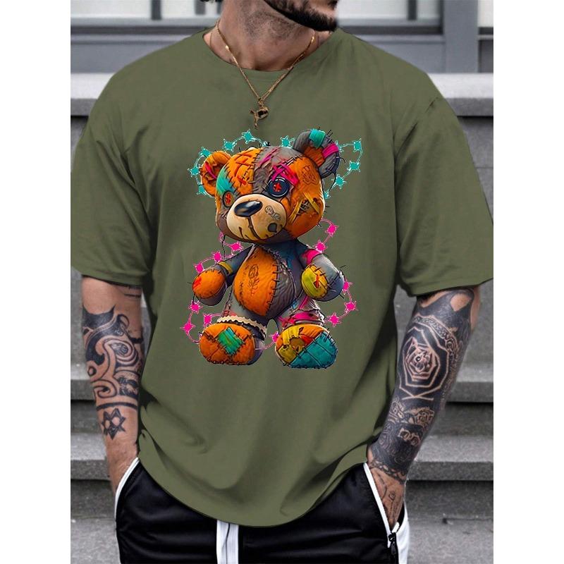 Herren Sommer 100 Baumwolle Modisch Lässig Sportlich Locker Groß Cartoon Teddybär Muster Bedruckt Rundhals Kurzarm T-Shirt