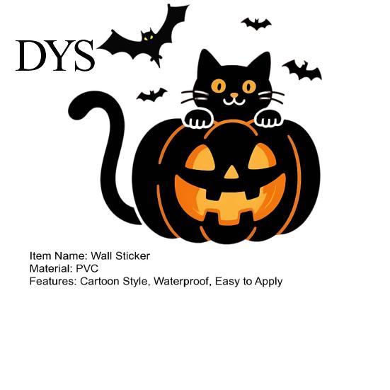 Easy to Apply Seasonal Wall Stickers Halloween Pumpkin Sticker, Black Cat on with Flying Bats Decal, Removable PVC Art for Living Room Waterproof Peel