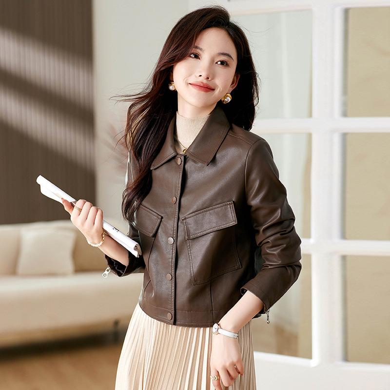 

Женская кожаная куртка, маленький плащ, весна и осень, новая модная тонкая куртка из кожи с лацканами, топ 3XL