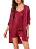 Cheibear Silk and Satin Pajama Lace Robe Medium Women's 4-Piece Set, Camisole, Nightgown, Set, Loungewear, Red,