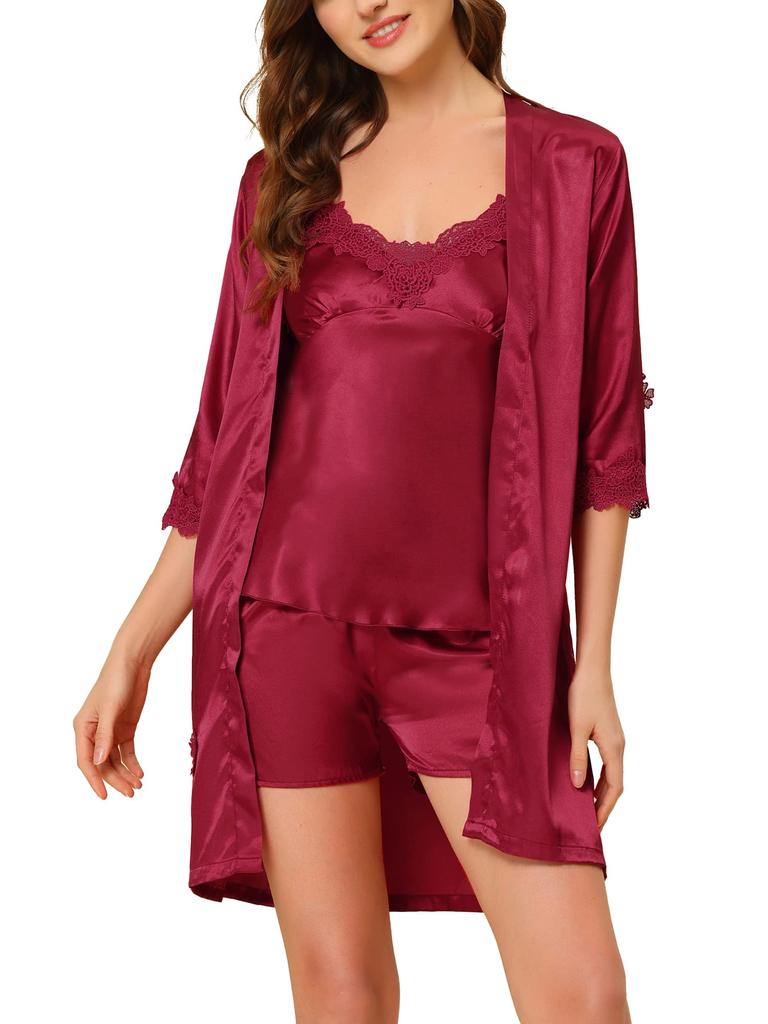 Cheibear Silk and Satin Pajama Lace Robe Medium Women's 4-Piece Set, Camisole, Nightgown, Set, Loungewear, Red,