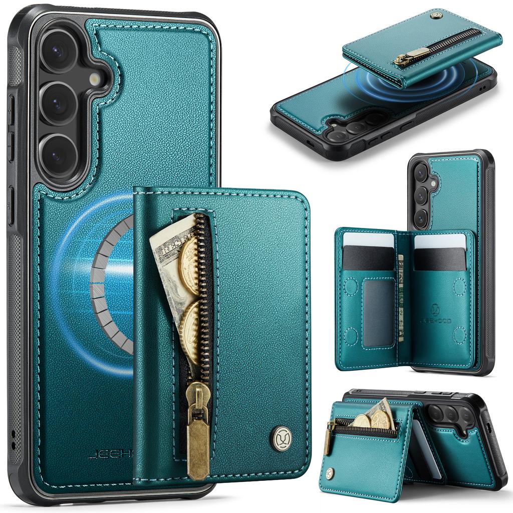 For Samsung Galaxy S26 Case JEEHOOD J12 Magnetic Detachable Zipper Wallet Kickstand Leather Back Cover Compatible with MagSafe