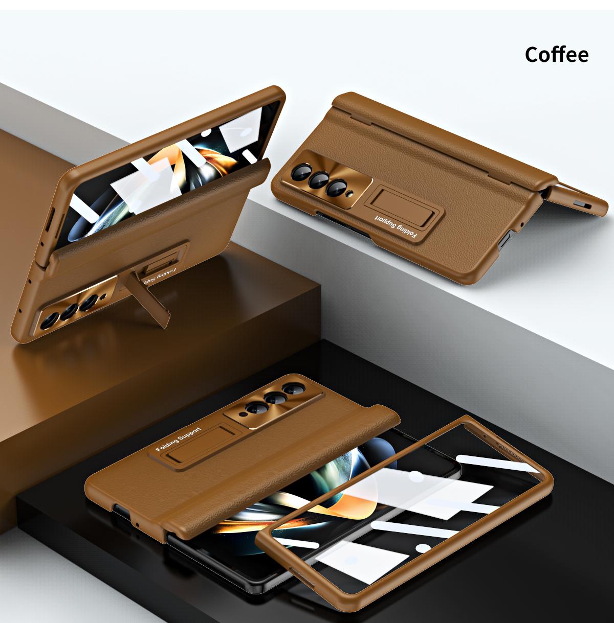 

Роскошный кожаный жесткий пластиковый противоударный защитный чехол для Samsung Galaxy Z Fold 4 с кронштейном для защиты экрана for Galaxy Z Fold 4 коричневый