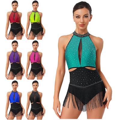 Women's Latin Jazz Dance Leotard S-XXL: Allover Rhinestones Tassel Skirt Backless Contrast Color Bodysuit for Gymnastic Chacha Rumba