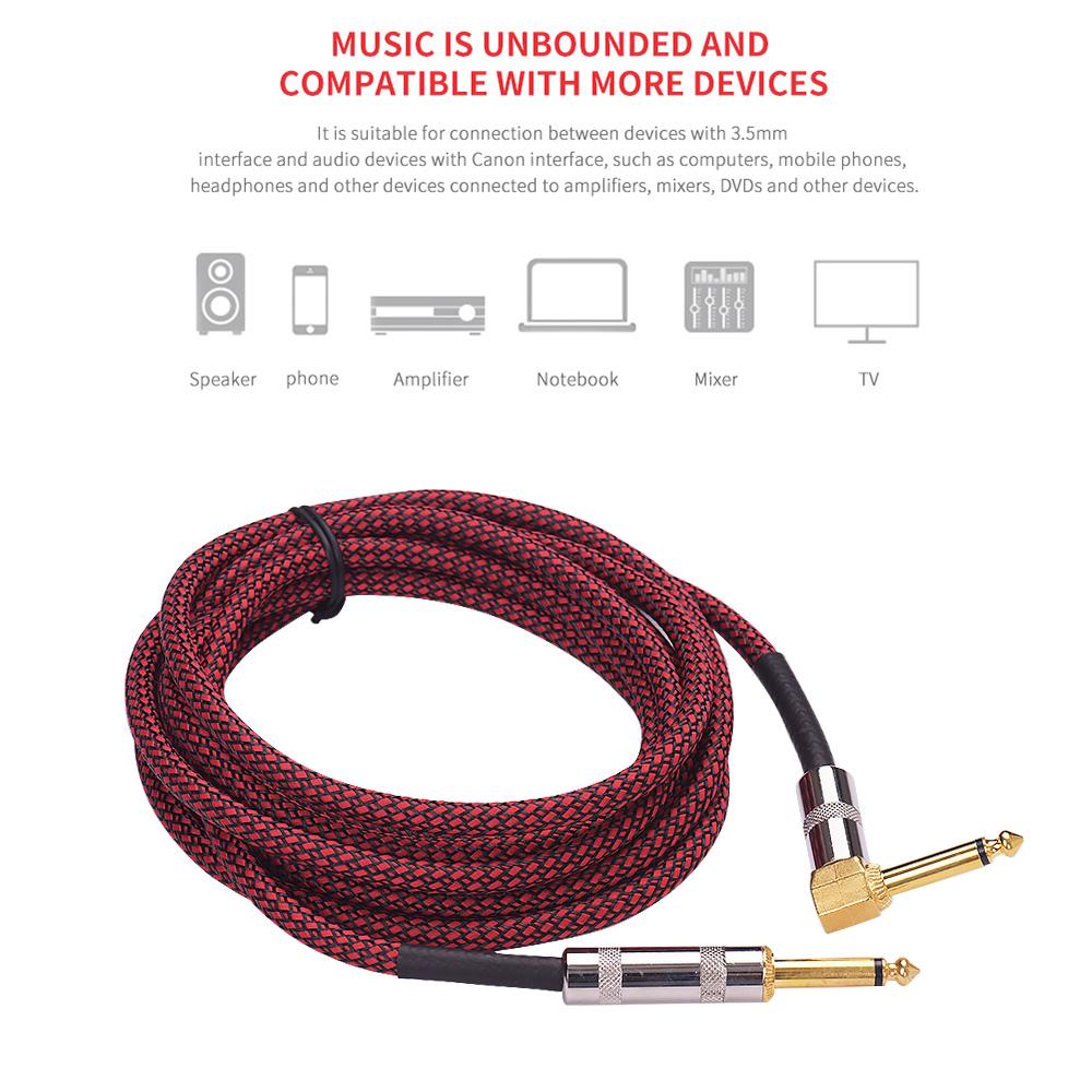 3 Meters/ 10 Feet Musical Instrument Audio Guitar Cable Cord 1/4 Inch Straight to Right-angle Gold-plated TS Plugs guitar parts