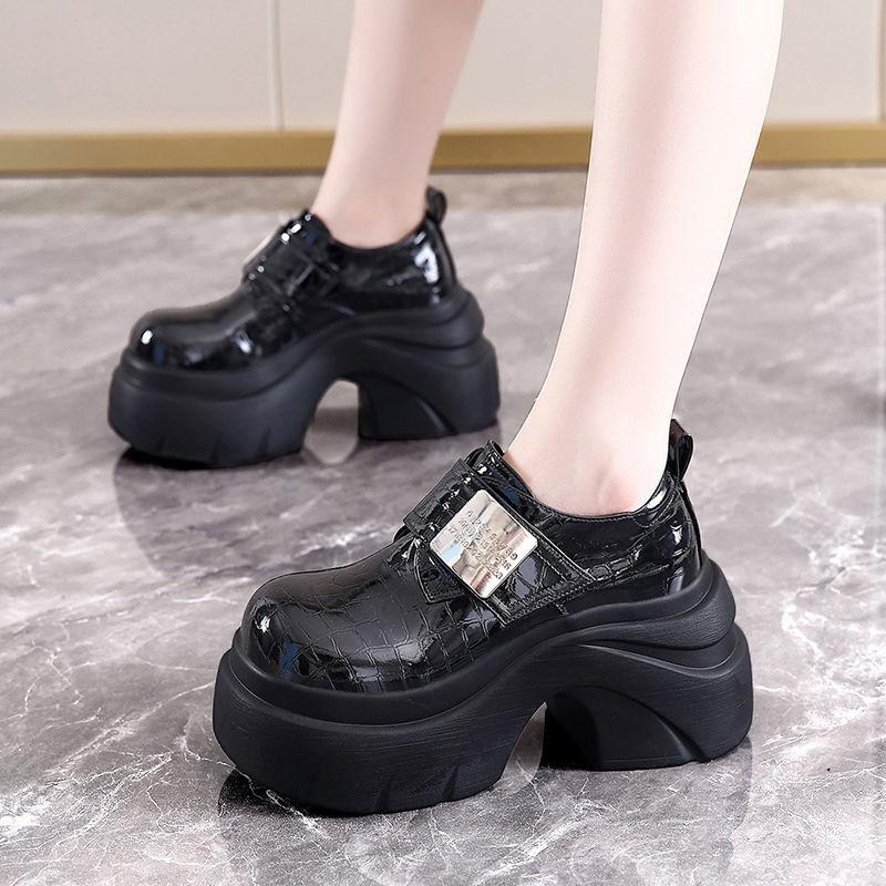 Thick-soled Muffin Small Leather Shoes Women's Autumn New Small Inner Height Increase Velcro Comfortable Single Shoes