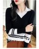 Women's College-Style V-Neck Striped Wool Knit Sweater for Autumn and Winter