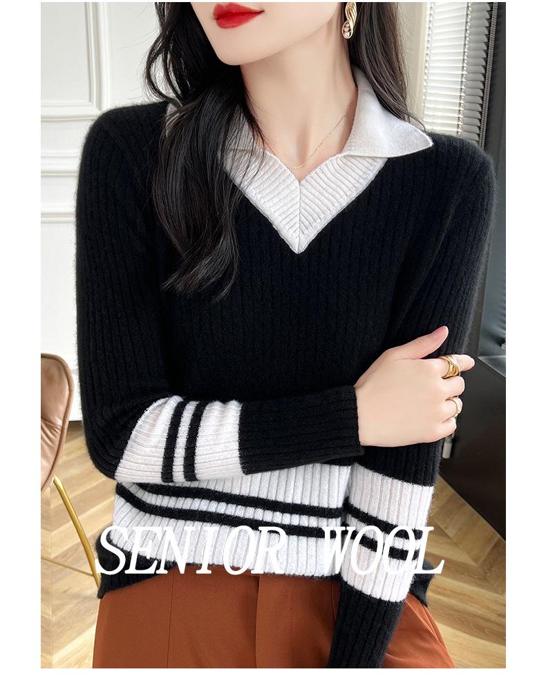 Women's College-Style V-Neck Striped Wool Knit Sweater for Autumn and Winter