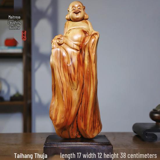 Intaglio Radice di Legno di Cipresso di Scogliera: Ornamento Daruma Maitreya Buddha in Legno Massello in Zafferano Dorato e Legno di Rosa Nanmu.