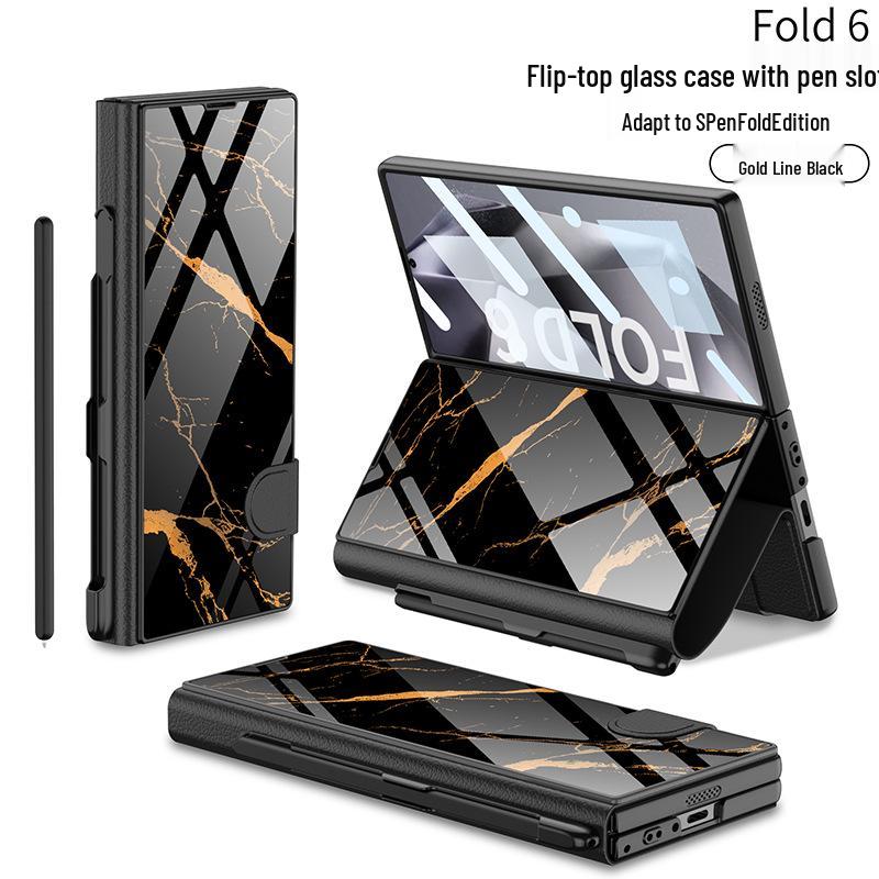 Samsung Z Fold 6 Leather Flip Case with Pen Slot and Glass Cover – Stylish and Business-Friendly.