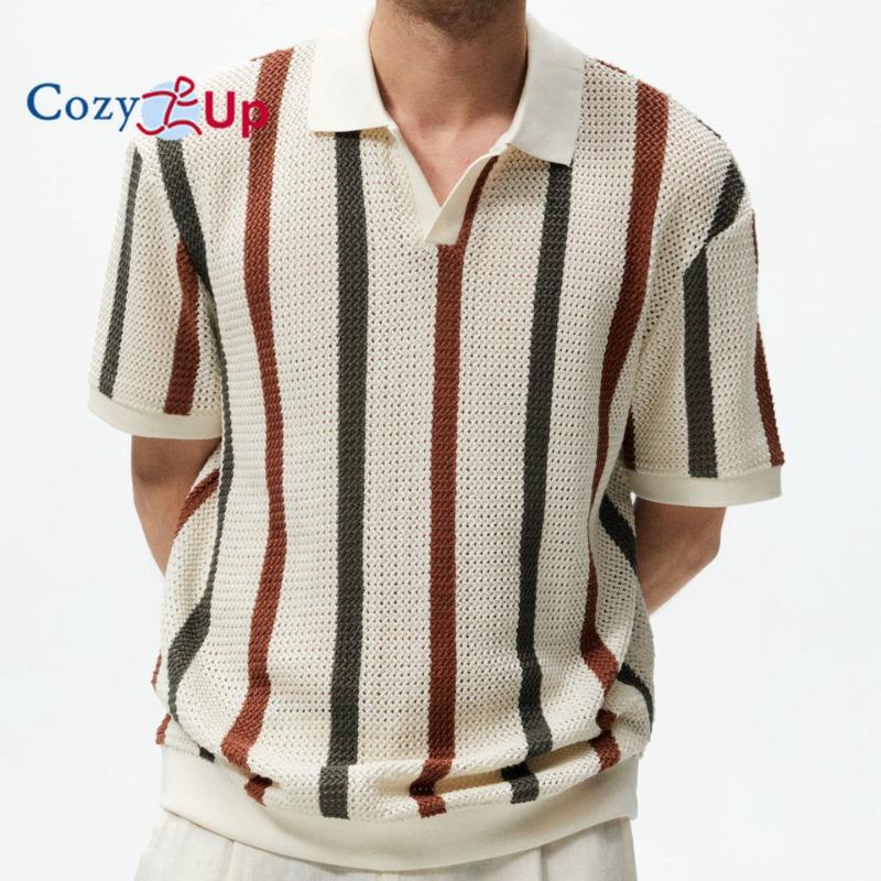 

Уютные повседневные вязаные рубашки-поло для мужчин, летние модные полосатые пуловеры с короткими рукавами, футболки с пуговицами 3XL бежевый