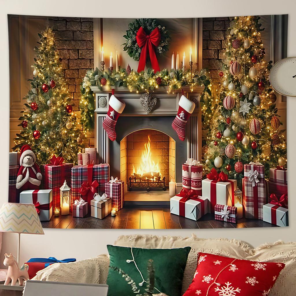 Christmas Tapestry Fairy Lights Christmas Tree Snowy Window Scene Red Curtains Christmas Event Backdrop Background Cloth