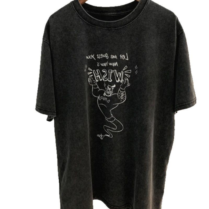 Women's Retro Black Distressed Short Sleeve Casual T-Shirt