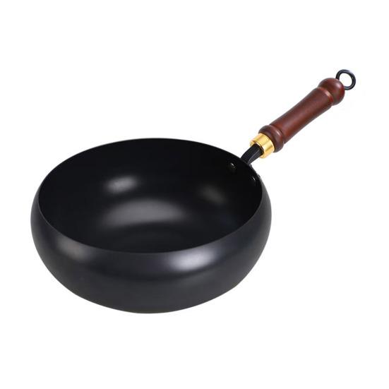 Traditional Forged Iron Wok with Wooden Lid Non-Stick Uncoated Iron Pan Japanese Cookware for Gas Induction & Electric Stoves
