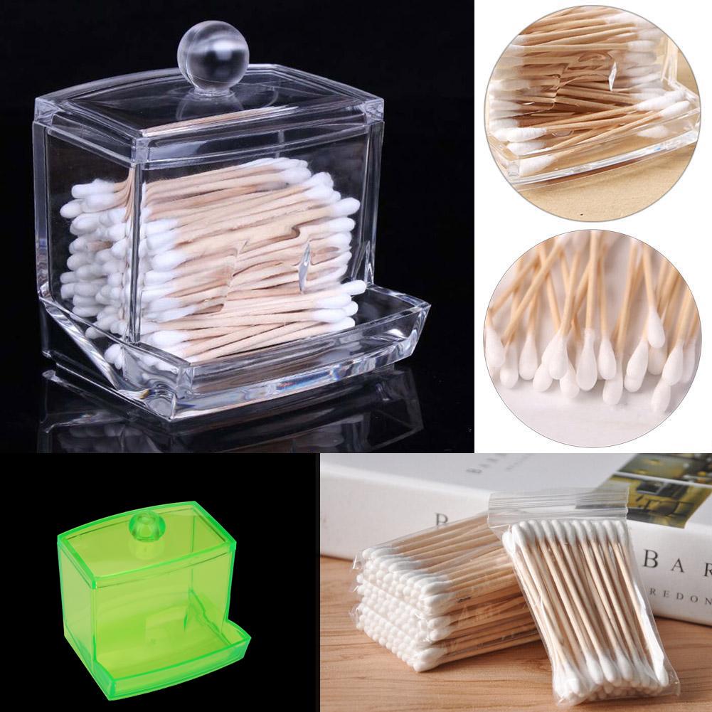 Acrylic Qtip Holder Box Cotton Swabs Stick Storage Case + 120Pcs