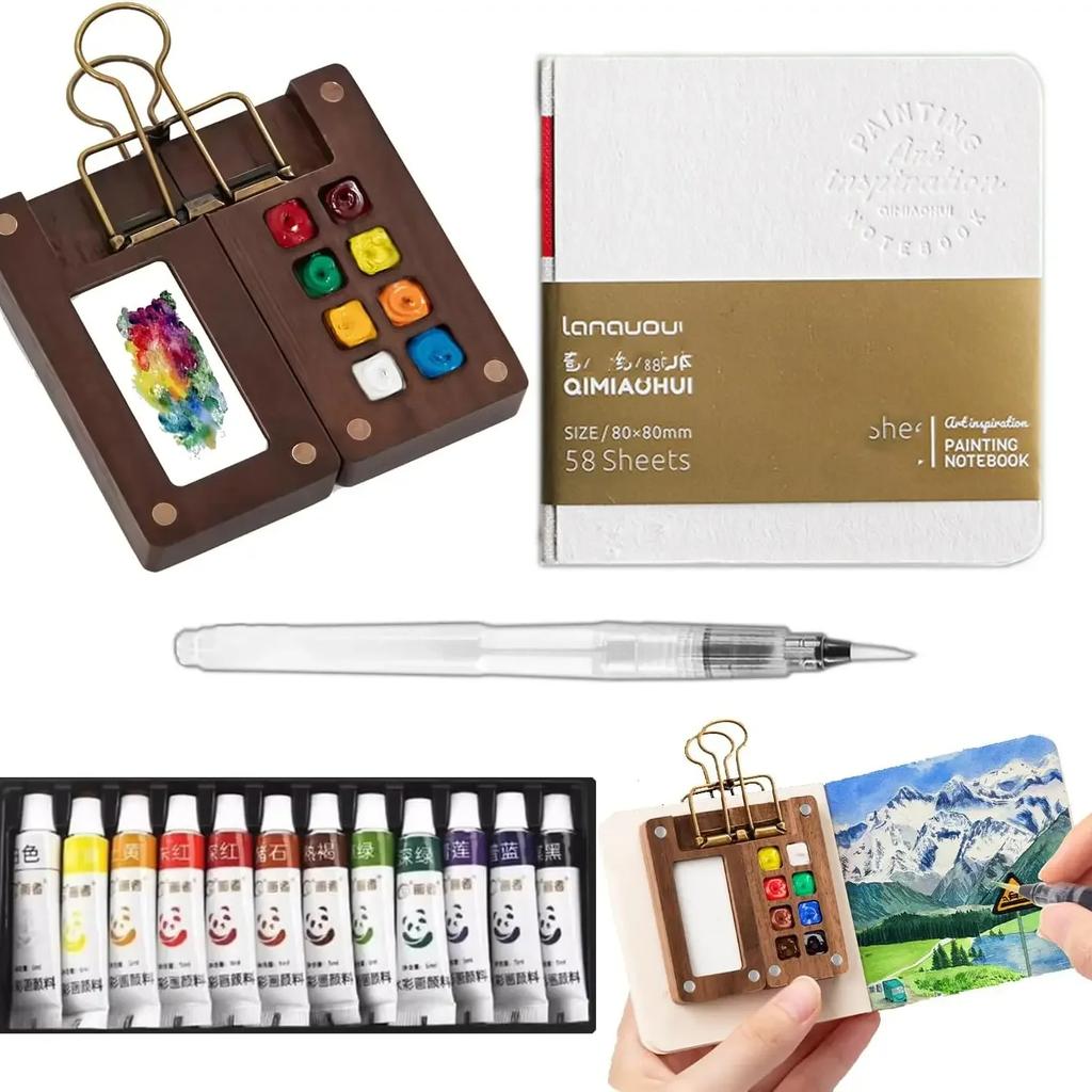 Portable Watercolor Set Travel Palette Sketchbook Brush Pens Binder Clips For Artists Students Painting Tools Drawing Supplies