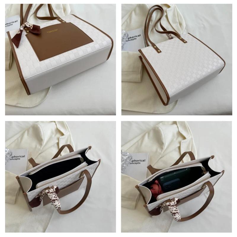 Big Bags Women Totes Fashi Plaid Pattern Ribbs Shoulder Bag Leather Satchels Working Commute Shopping Large Capacity Handbag