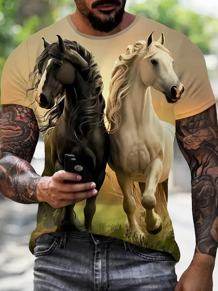 T-shirt Vintage da Uomo Moda Stampa Cavallo Casual Girocollo Grafica T-shirt Top Street Harajuku Manica Corta Tee Abbigliamento Uomo