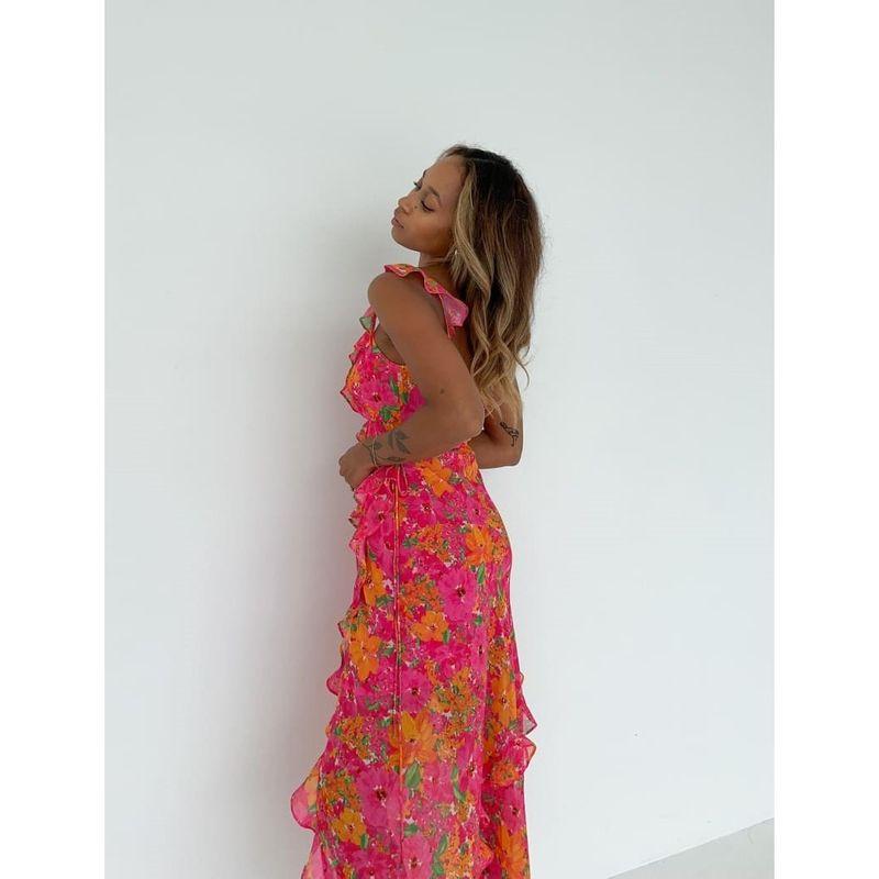 Summer New Versitile European and American Foreign Trade Women Clothes Low Cut Sexy Sling Floral Skirt Split Print Dress