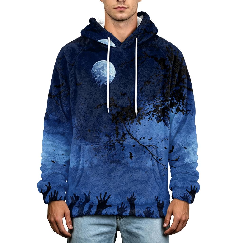 Herren Halloween Print Hoodie Übergröße Flanell Lässiger Pullover Sweatshirt für Herbst und Winter