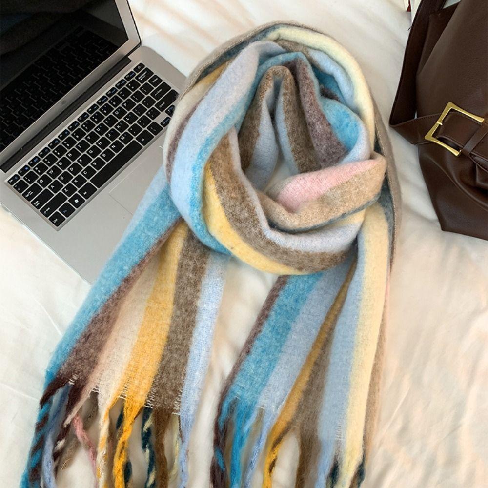 Rainbow Color Striped Wool Shawl Tassel Cape Wraps Simple Winter Mohair Scarves  Women/Men