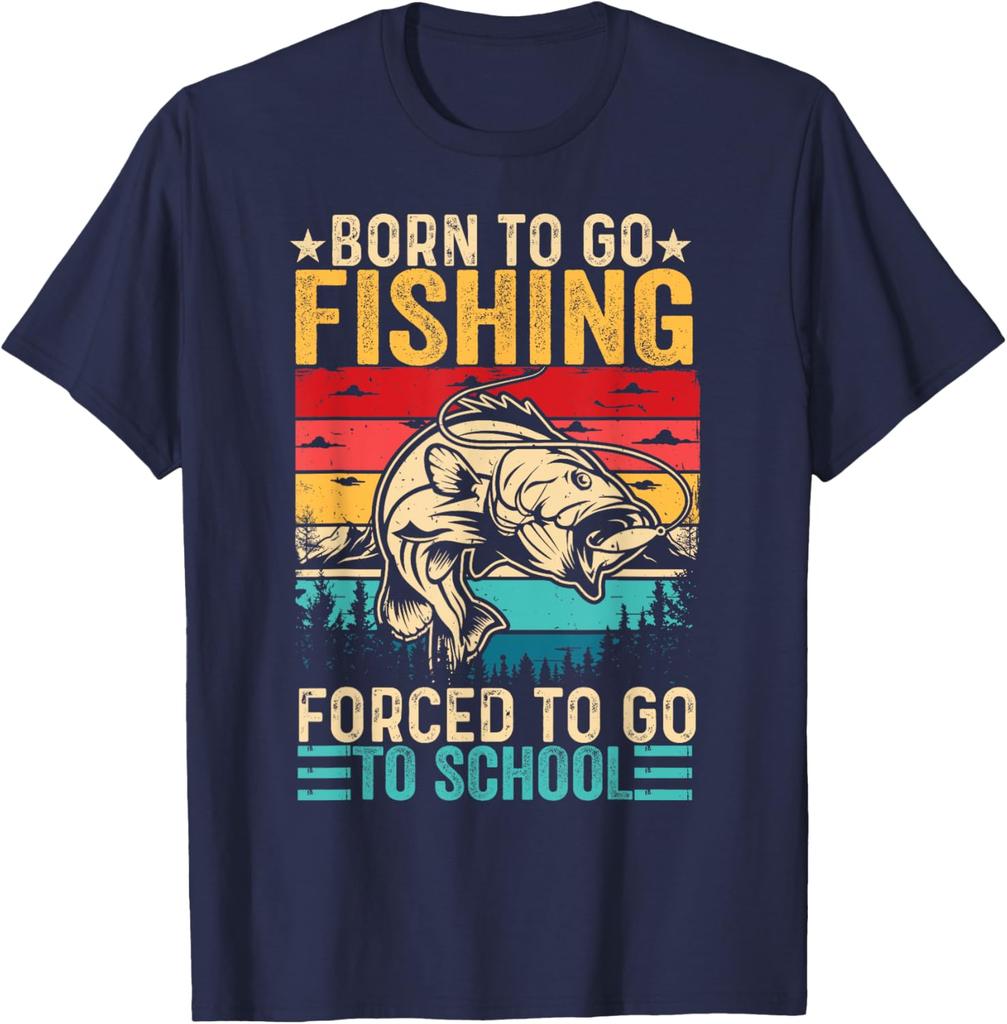 Born To Go Fishing Forced To Go School Graphic TShirt Retro Sunset Lake Trees Men Casual Tee