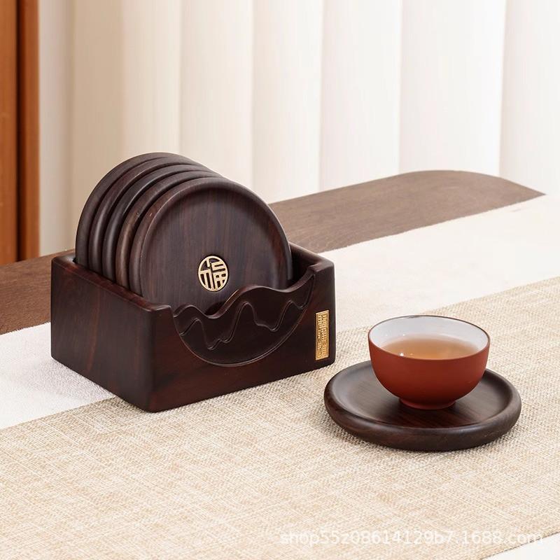 Black Ebony Wood Coaster Set Office Tea Ceremony Heat Resistant Cup Mat 6pcs Round Hollow Copper Inlay