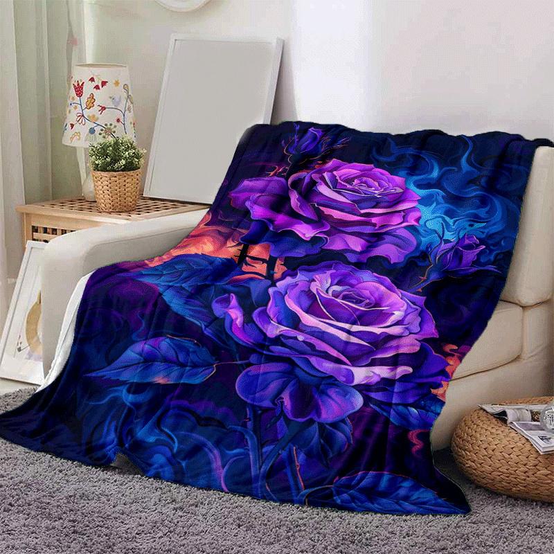1pc Purple Rose Printing Lightweight Flannel Blanket, Comfortable and Warm Blanket, for Camping Sofa Bed and Couch Office, Gift