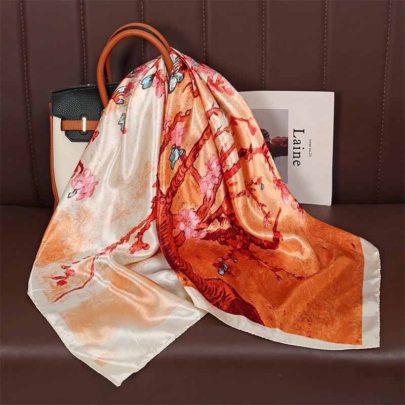 Satin Square Scarf Women Paisley Hijab Elegant  Print Silk Neckerchief Shawl Wraps Headband Handle Hair Accessories Bandana