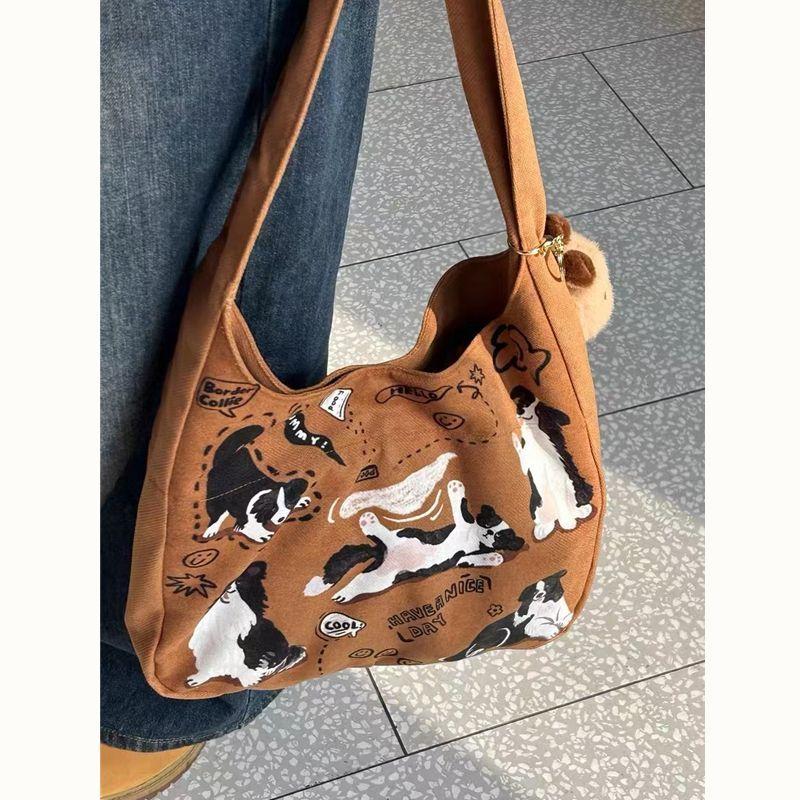 

Korean Retro Shoulder Bags for Women French Style Niche Design High Appearance Cute Dog Print Large Capacity Casual Canvas Bags коричневый