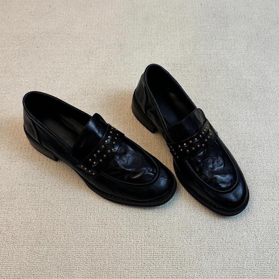 Cowhide Version~ Loafers Women's Genuine Leather Retro British Style Round Head Rivet Folds One Pedal Thick Heel Small Leather Shoes Women