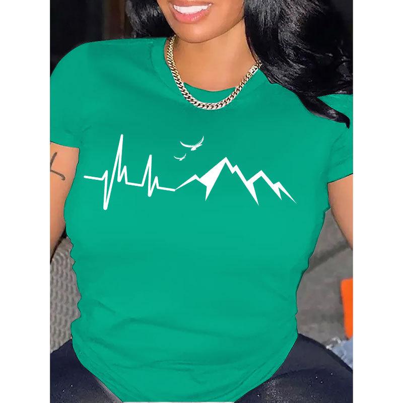 Letnia okrągła szyja góra z nadrukiem wzoru górskiego modna casualowa z krótkim rękawem damskie bawełniane koszulki