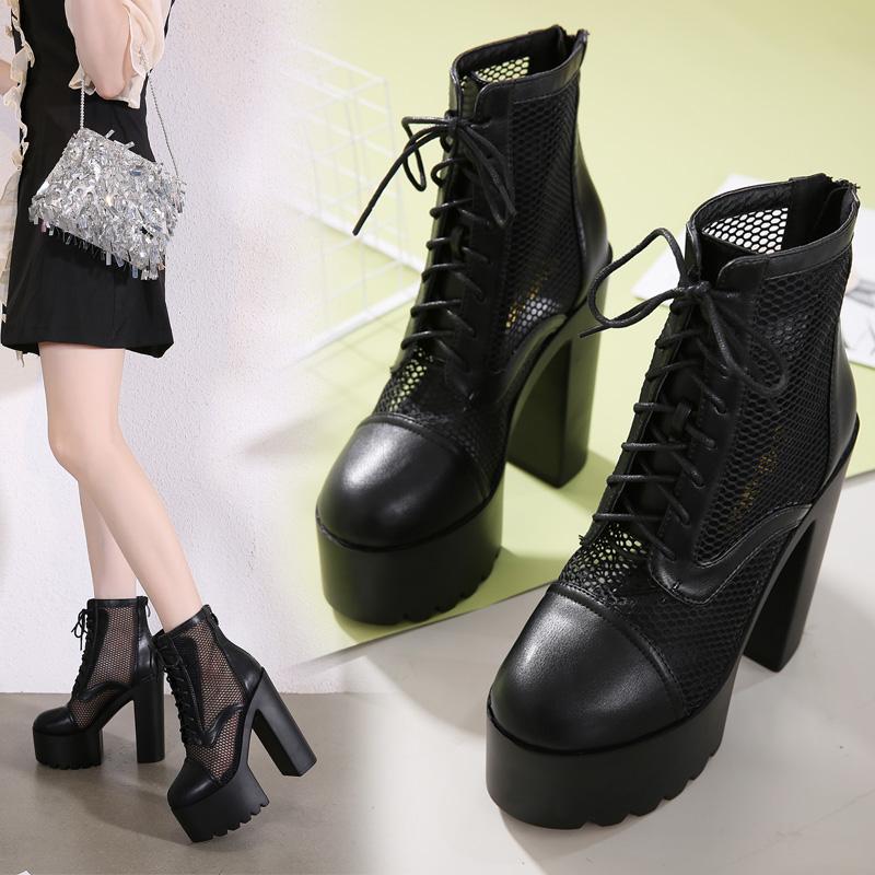 Fashion Spring Summer High Heeled Platform Pumps Air Mesh Breathable Ladies Party Shoes Lace Up Closed Toe Black White