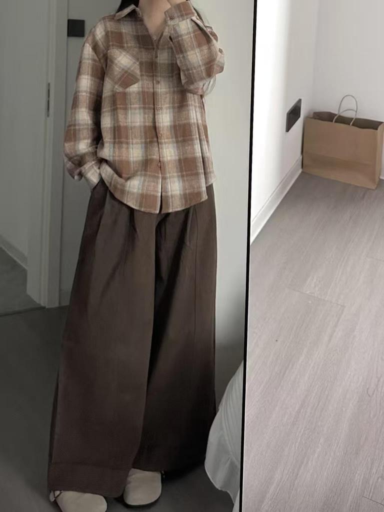 Kadın Retro Kareli Fırçalanmış Gömlek Ceket - Sonbahar/Kış Rahat Tarz, Bol Kesim, Günlük, Çok Yönlü, Uzun Kollu Katmanlama.
