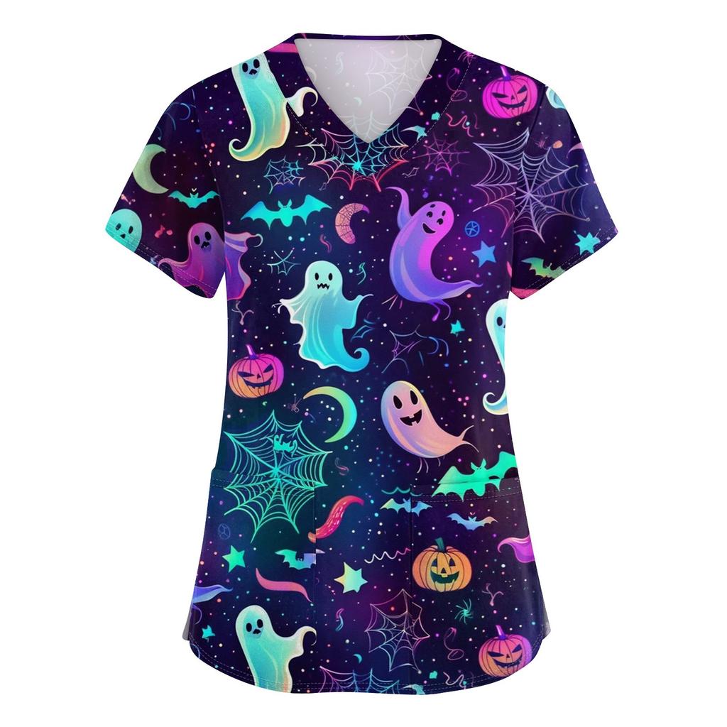 Women's V-neck Halloween Printed Short-sleeved Pocket Side-slit Protective Suit Top