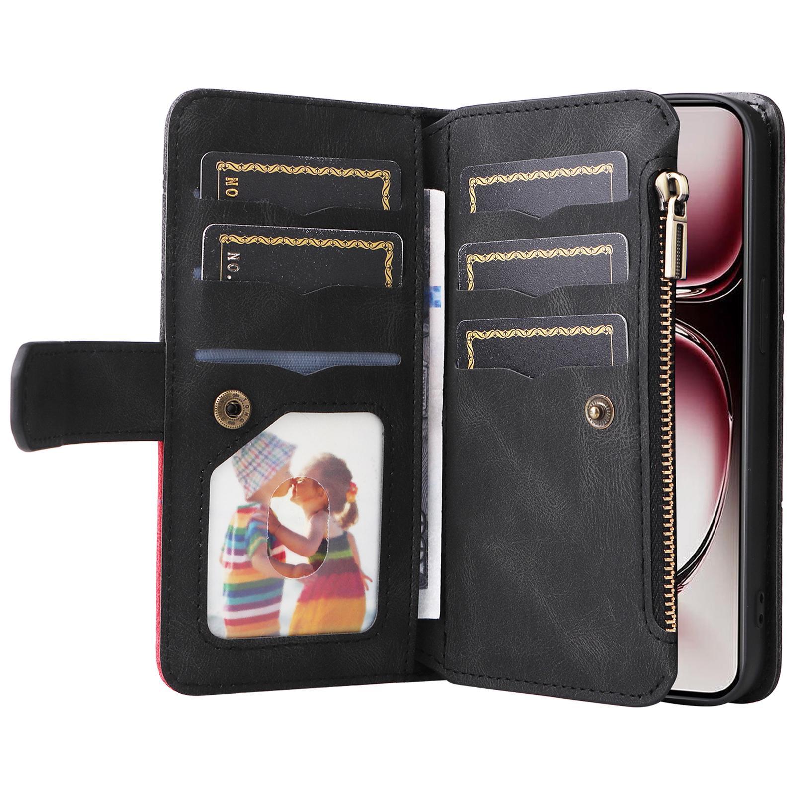 

For Oppo Reno12 Pro 5G (Global)/Reno12 Pro 5G (China) Leather Case with Strap Zipper 9 Card Slot Phone Cover Stand Black