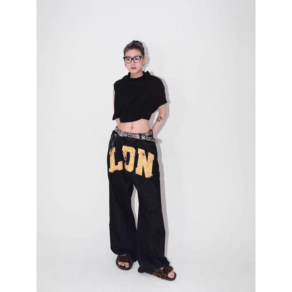 LUXEON American-style Street Letter Printed Jeans, Straight-leg Trendy Brand Loose Denim Pants