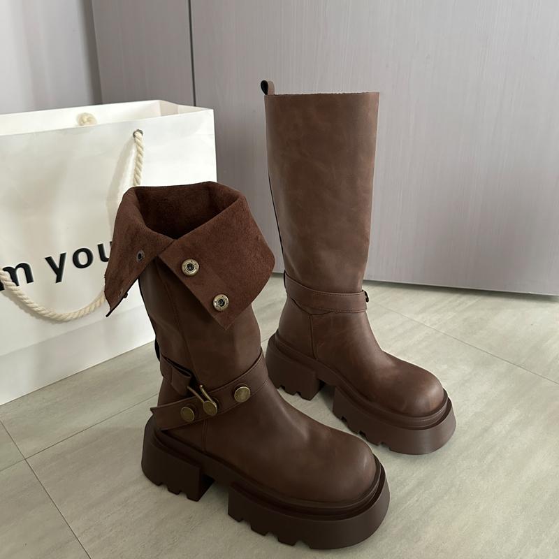 Winter Vintage Platform Thick Sole Woman Suede Knight High Boots Concise Belt Buckle Shoes Ladies Slip On Slim Modern Long Botas
