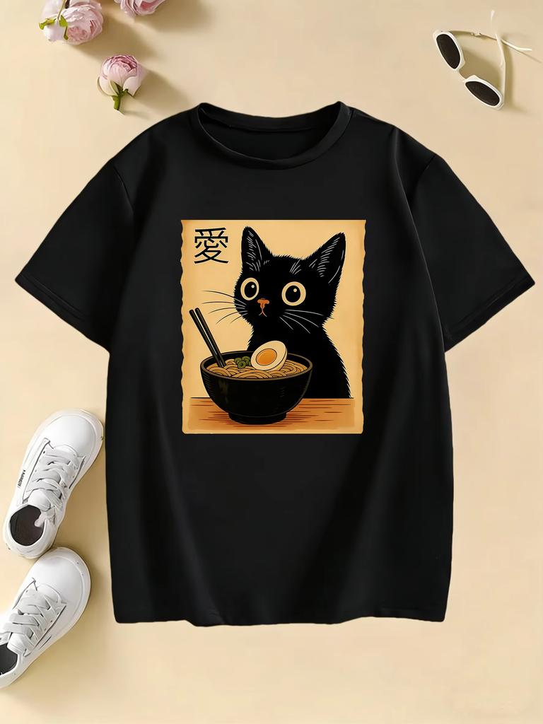 Retro Cat Kawaii Design Oil Print T Shirts Pure Cotton Unisex and Women Tshirt Casual 2026 Summer Spring Casual Top Tee