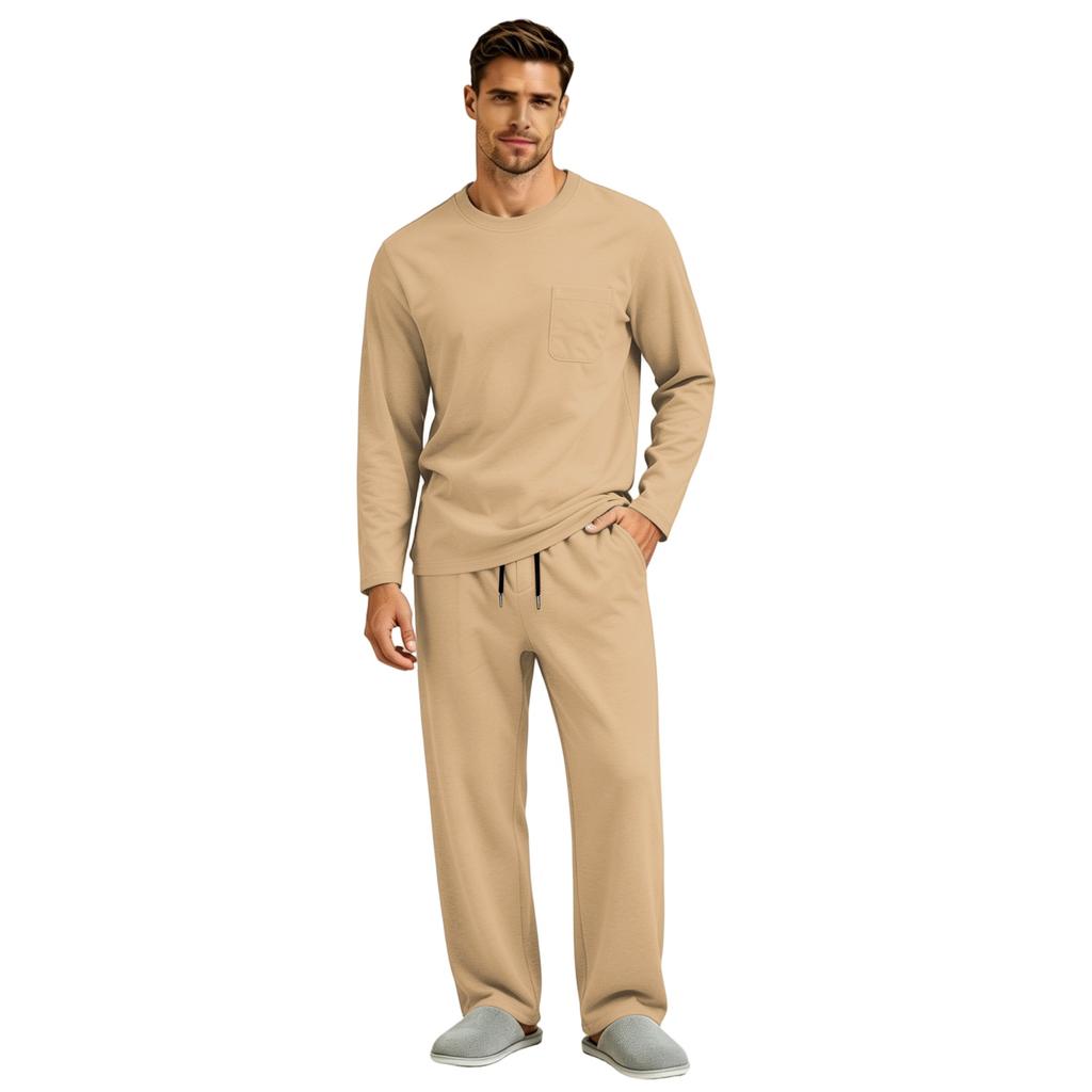 Men's Long Sleeve Pajama Set with Button Fly and Elastic Drawstring Waist for Sleep and