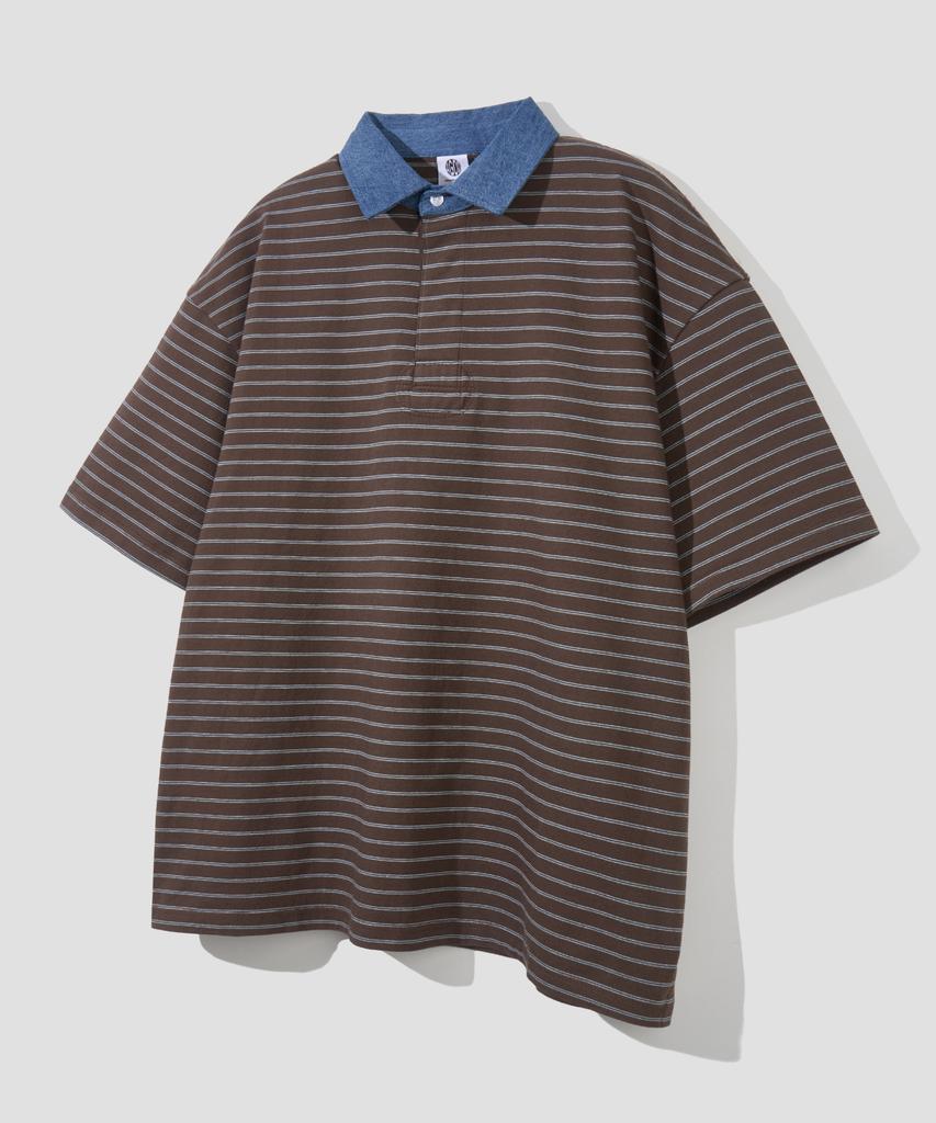 AGOD Contrast Denim Collar Stripe Half T-Shirt [Brown]